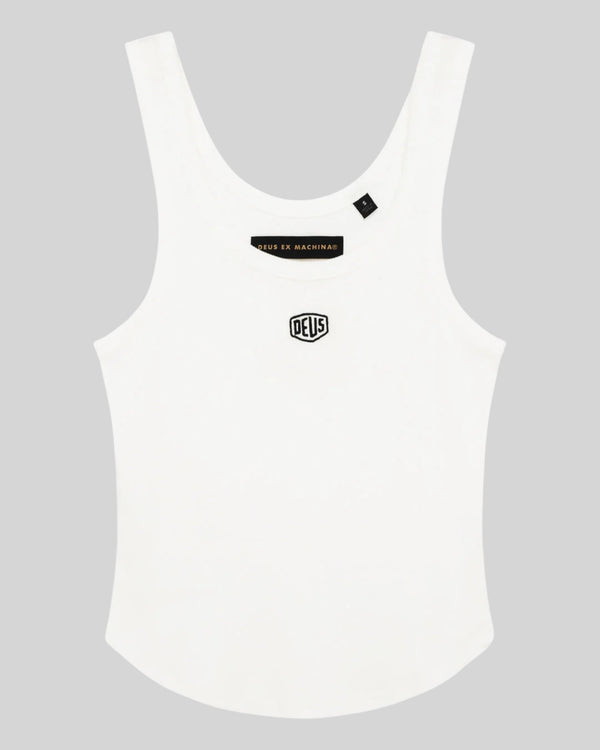Baffle Haus June Shield tank top in vintage white with thin straps, curved hem, and embroidered chest logo.