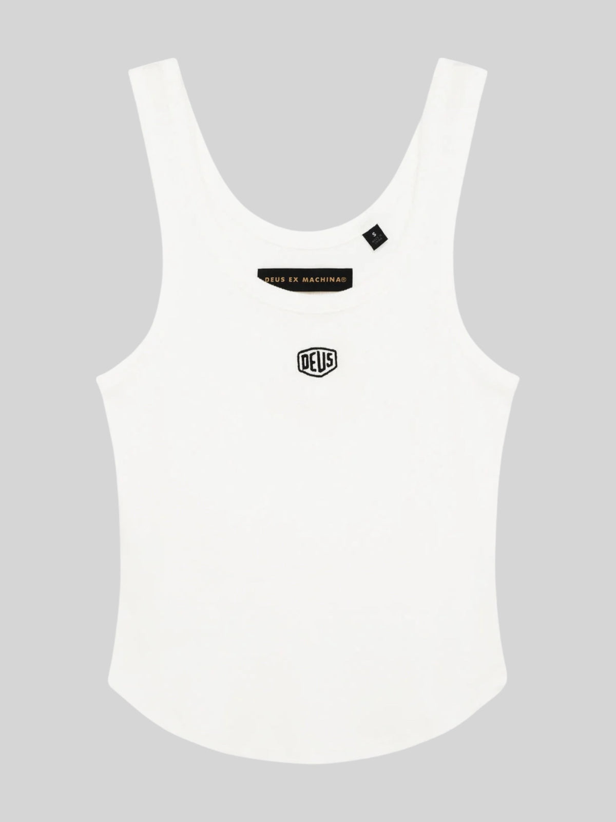 Baffle Haus June Shield tank top in vintage white with thin straps, curved hem, and embroidered chest logo.
