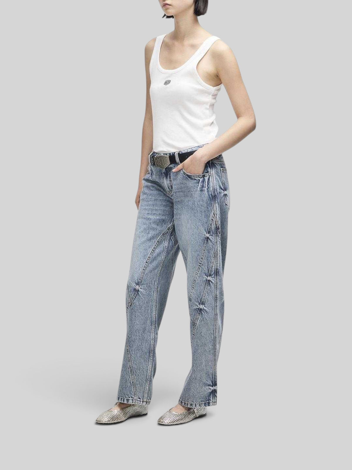 Baffle Haus June Shield tank in vintage white, a slim-fit recycled cotton blend top with thin straps and embroidery.
