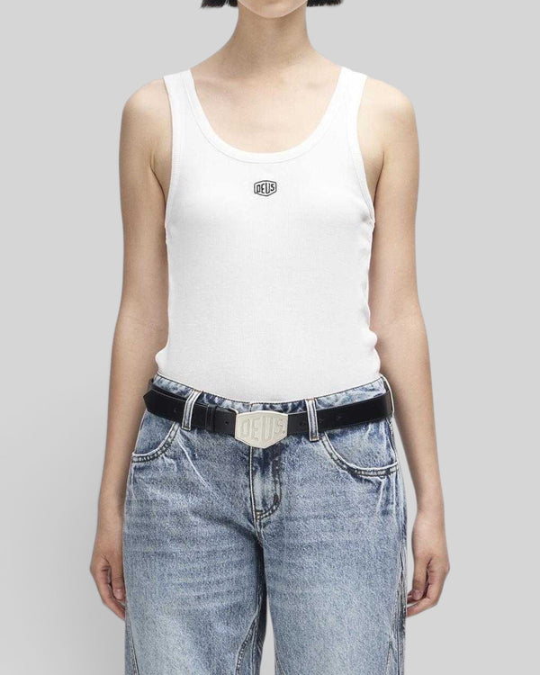 Baffle Haus June Shield tank in vintage white with thin straps and centre chest embroidery worn with blue jeans
