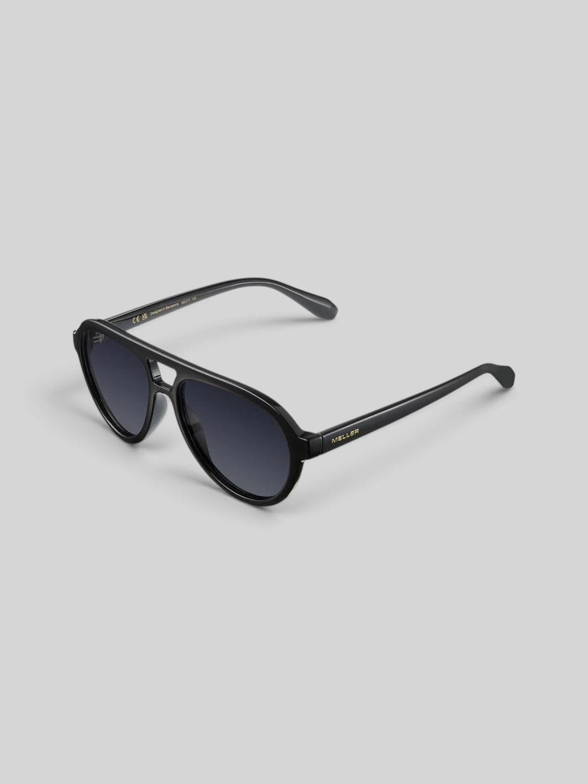 Baffle Haus KENA black aviator sunglasses with polarized lenses and a double bridge design on a grey background.