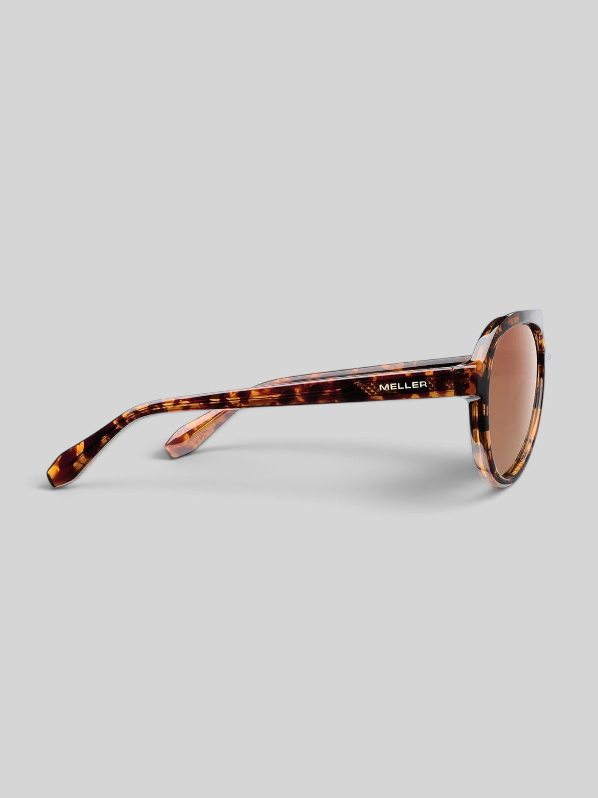 Baffle Haus KENA sunglasses in Tigris brown tortoise shell pattern with polarized lenses, side profile view.