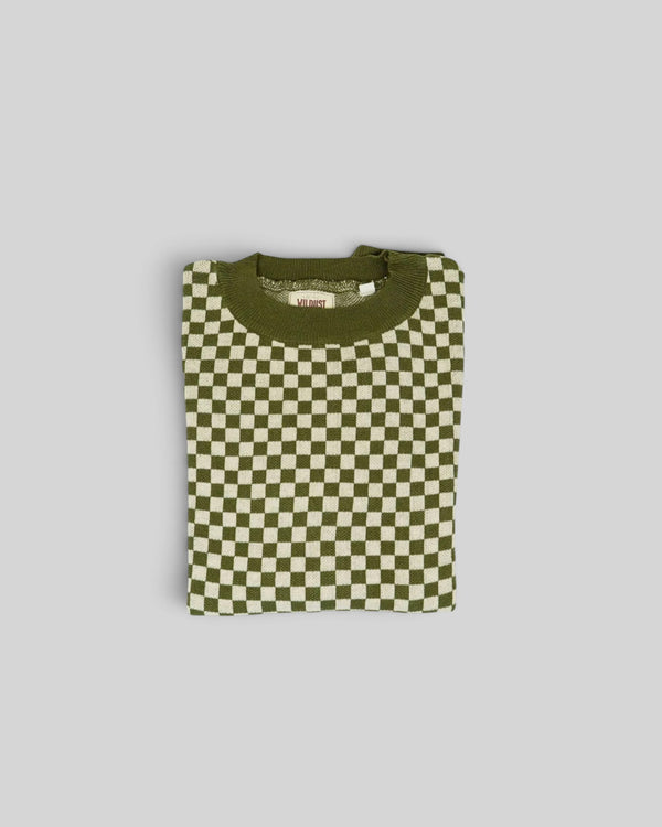 Baffle Haus Wildust vintage khaki knitted jumper with a retro checkerboard pattern and ribbed collar