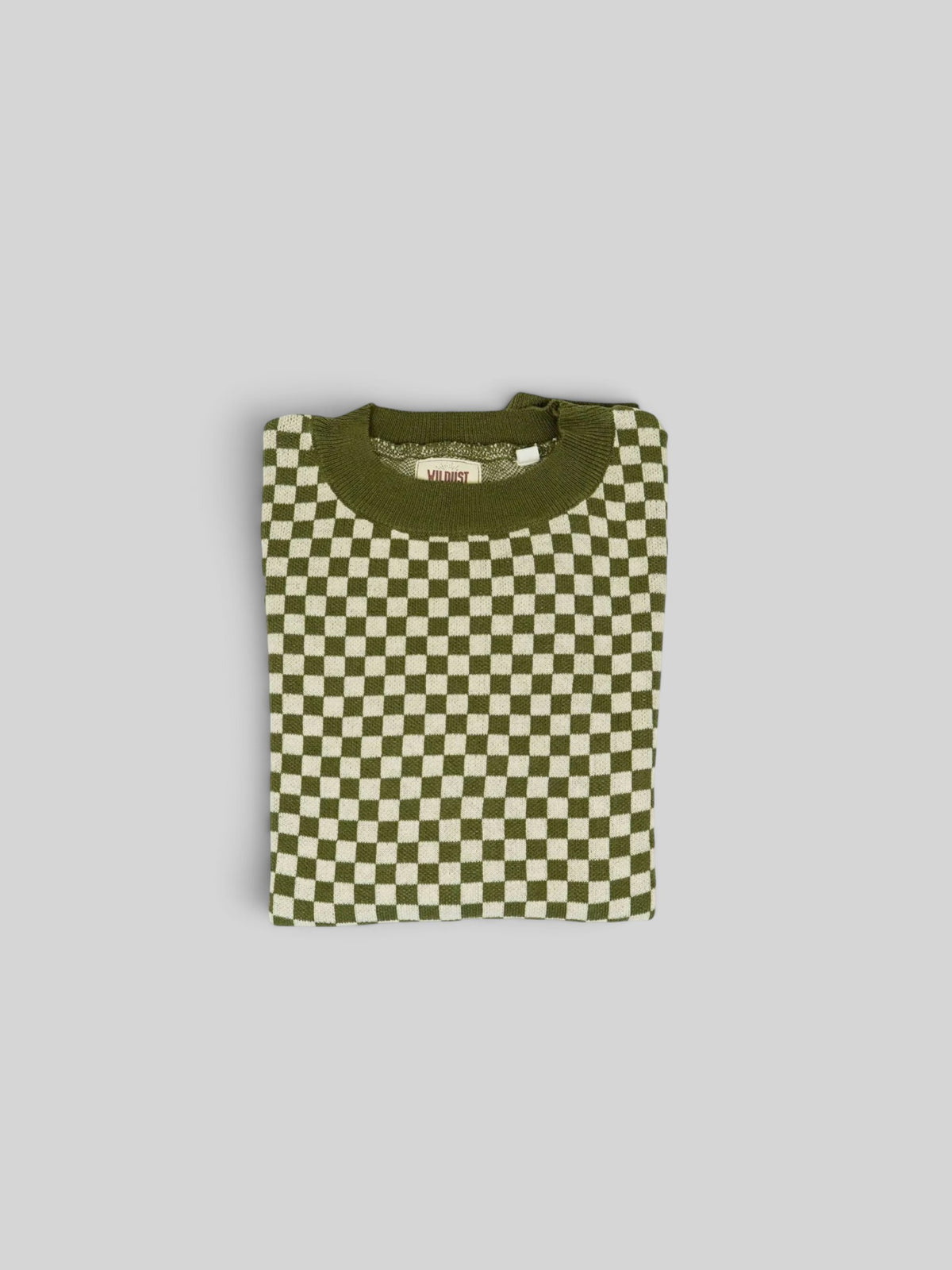 Baffle Haus Wildust vintage khaki knitted jumper with a retro checkerboard pattern and ribbed collar