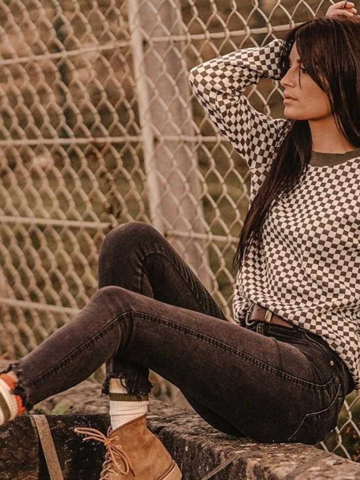 Baffle Haus Wildust vintage khaki knitted jumper with a black and white checkerboard pattern and ribbed collar