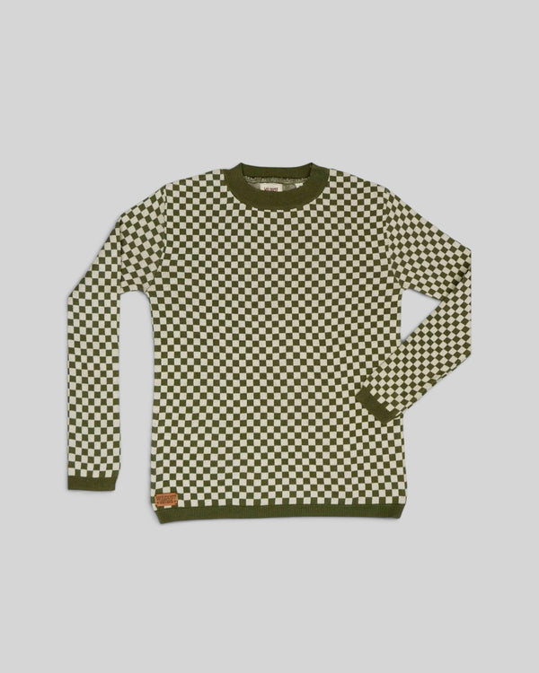 Baffle Haus Wildust vintage racing jumper in khaki with a white checkerboard pattern, ribbed collar, and cuffs.