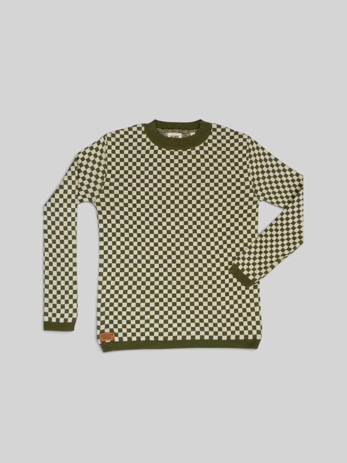 Baffle Haus Wildust vintage racing jumper in khaki with a white checkerboard pattern, ribbed collar, and cuffs.