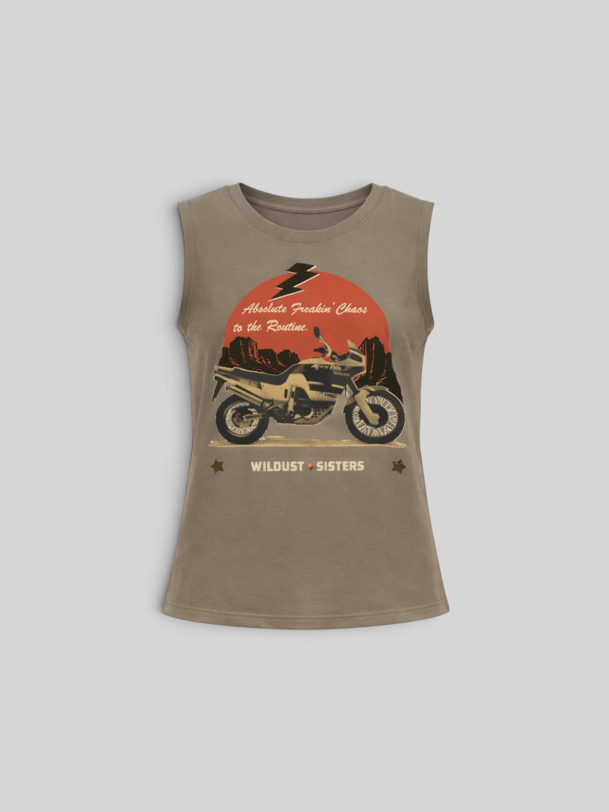 Baffle Haus khaki cotton tank top featuring a vintage motorcycle graphic with desert landscape and sun illustration.