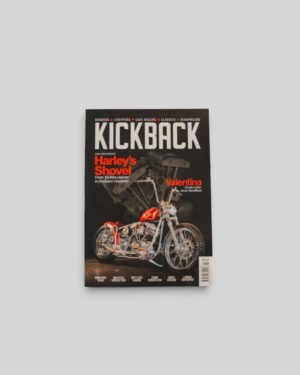Baffle Haus Kickback Magazine Issue 3 featuring a custom red motorcycle on the cover against a grey background