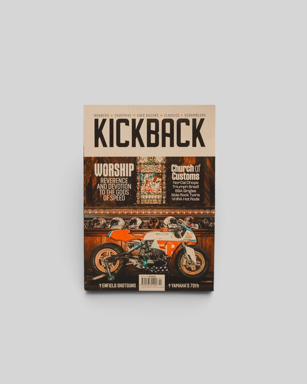 Baffle Haus Kickback Magazine Issue 2 featuring a custom Royal Enfield motorcycle on the cover with vintage decor.