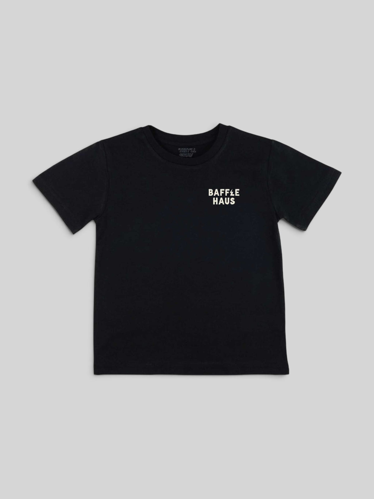 Baffle Haus kids black cotton t-shirt with white logo on the chest, front view.