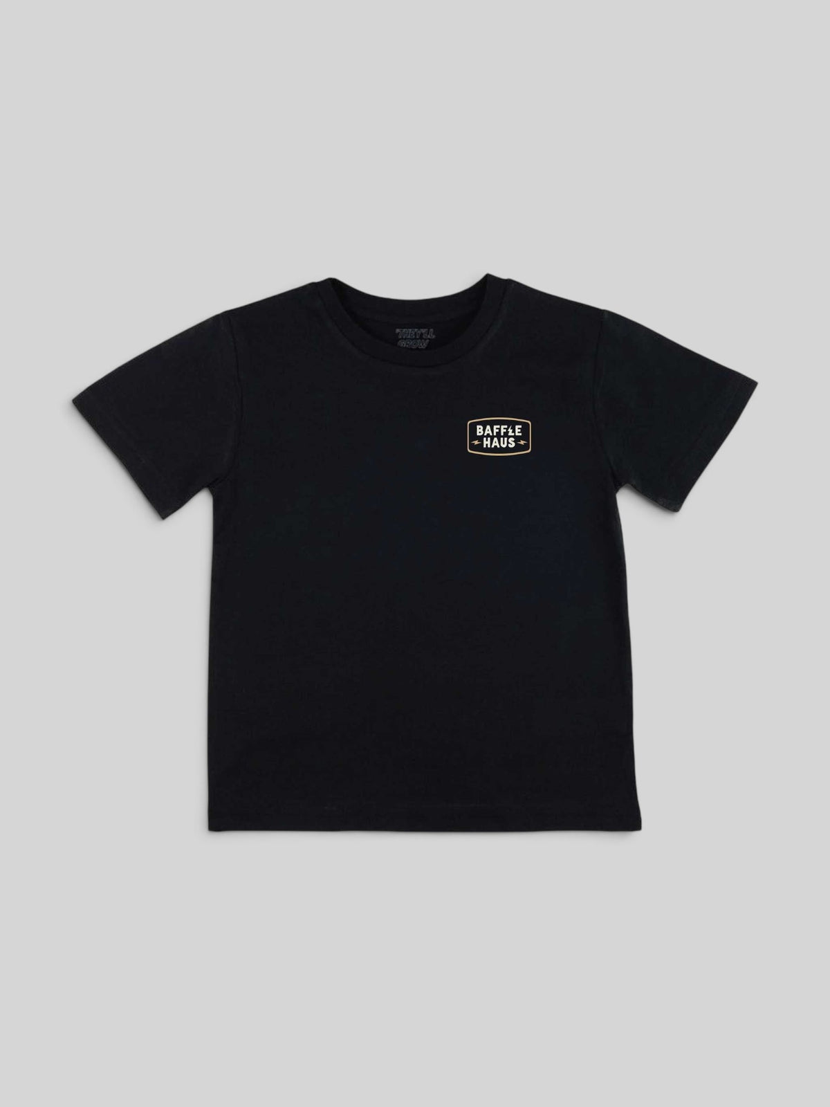 Baffle Haus kids black cotton t-shirt featuring a small white logo on the chest