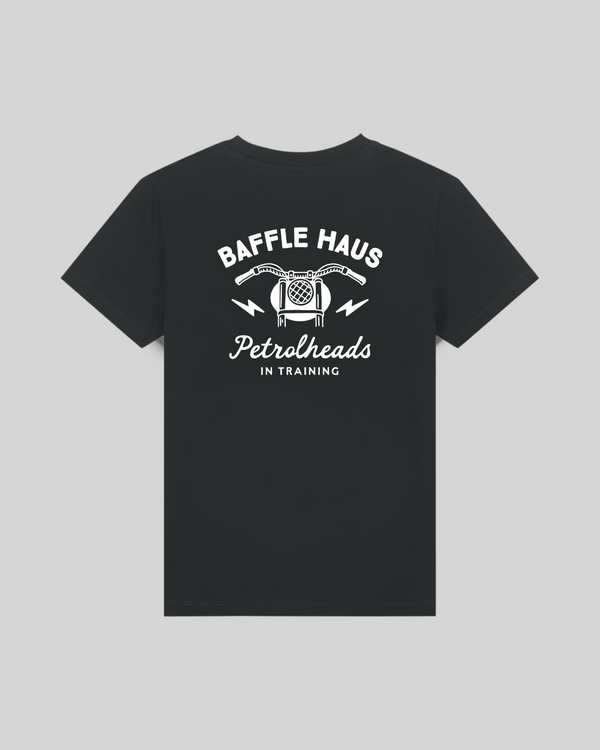 Baffle Haus kids dark charcoal t-shirt with white motorcycle graphic and Petrolheads in Training text on the back