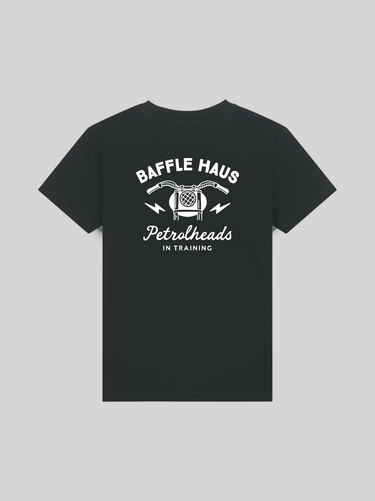 Baffle Haus kids dark charcoal t-shirt with white motorcycle graphic and Petrolheads in Training text on the back