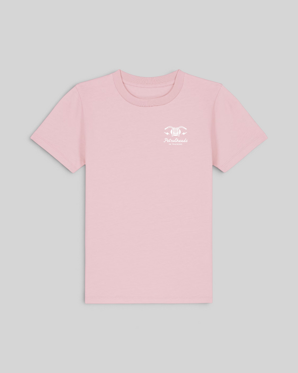Baffle Haus kids pink cotton t-shirt with white Petrolheads in Training chest graphic