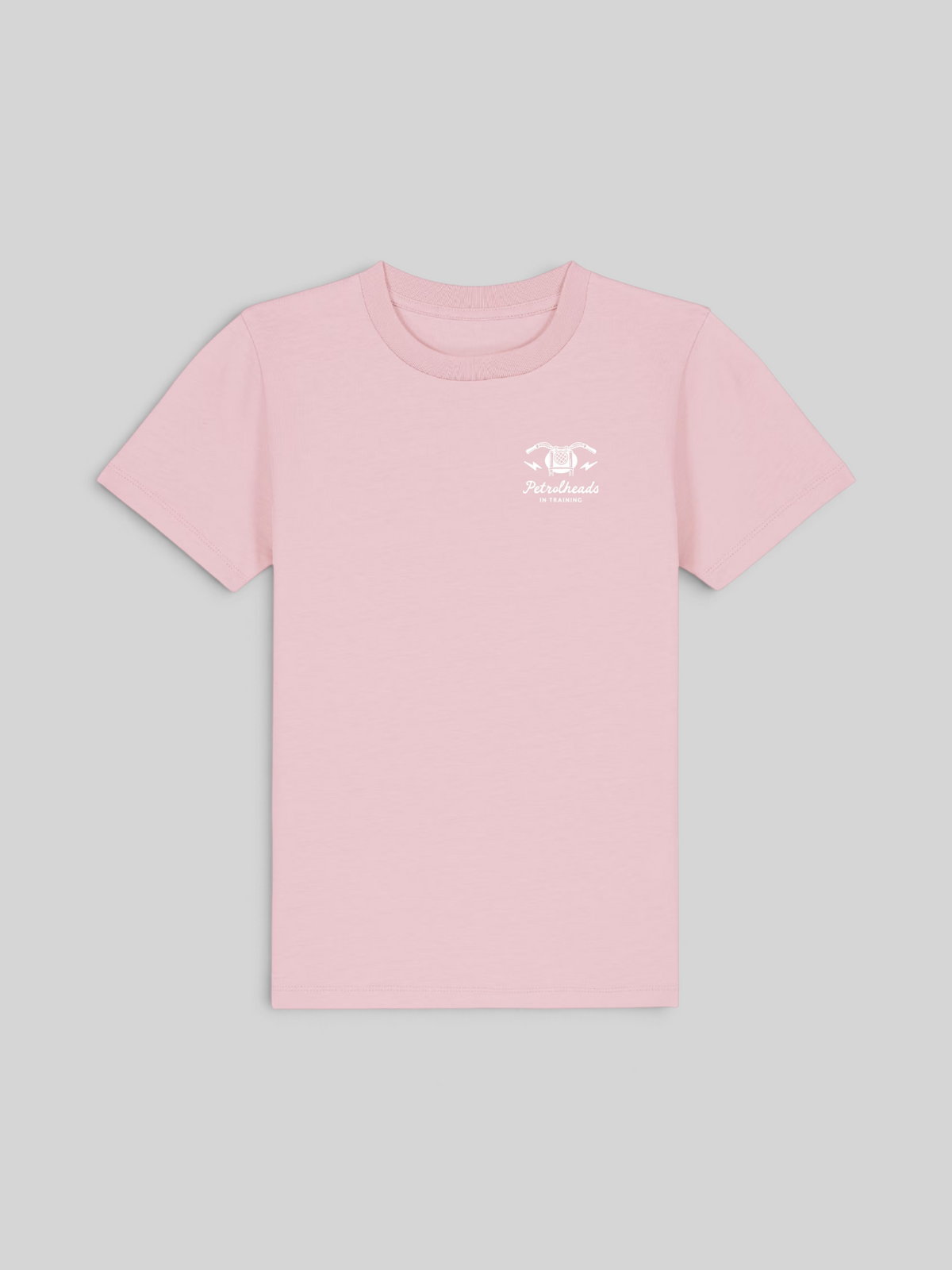 Baffle Haus kids pink cotton t-shirt with white Petrolheads in Training chest graphic