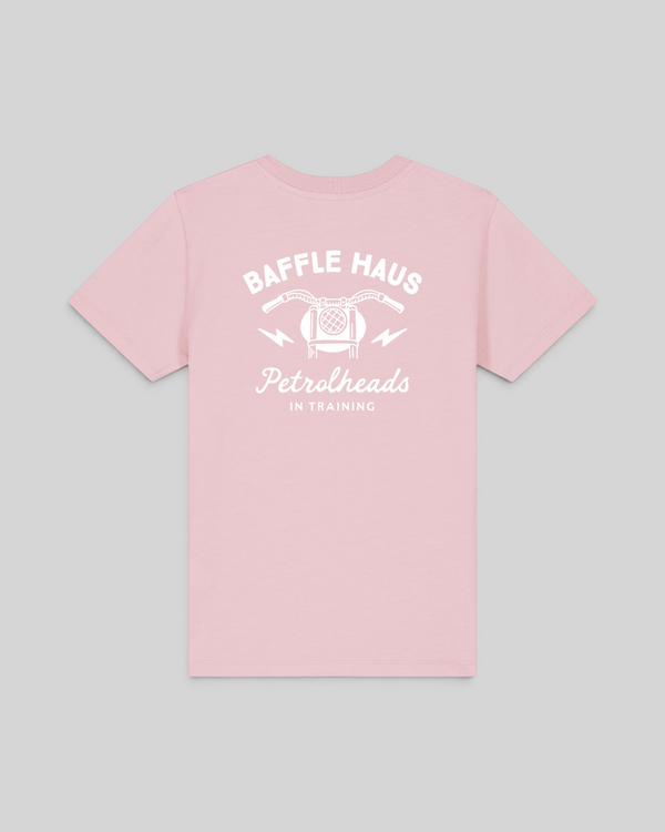 Baffle Haus kids pink cotton t-shirt with white graphic print on the back featuring motorcycle and script text