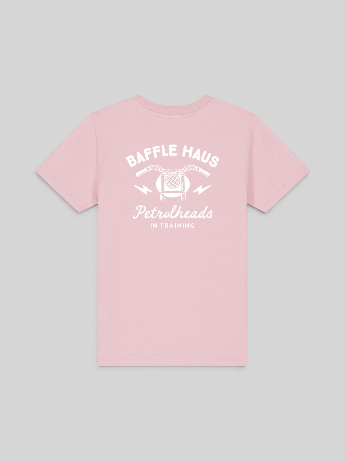 Baffle Haus kids pink cotton t-shirt with white graphic print on the back featuring motorcycle and script text