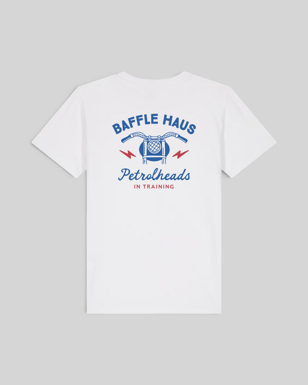 Baffle Haus white kids t-shirt featuring a blue and red motorcycle graphic with Petrolheads in Training text on back