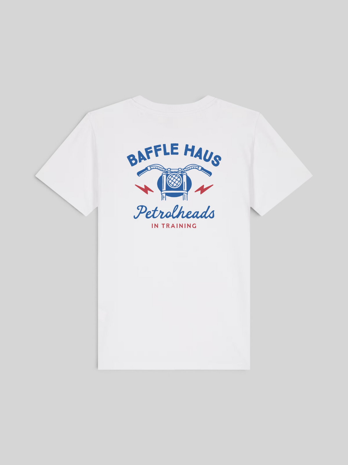 Baffle Haus white kids t-shirt featuring a blue and red motorcycle graphic with Petrolheads in Training text on back