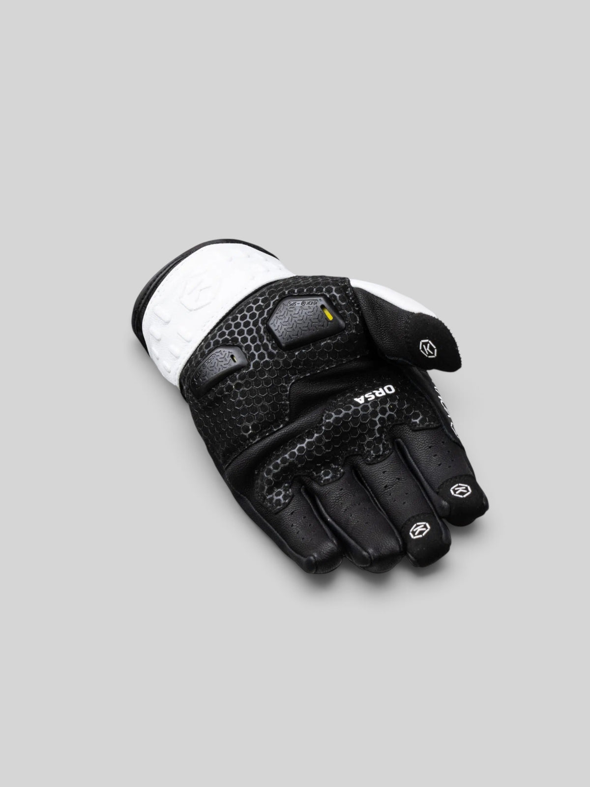 Baffle Haus Knox Orsa Mk3 white and black goatskin motorcycle glove with protective knuckle and finger armor