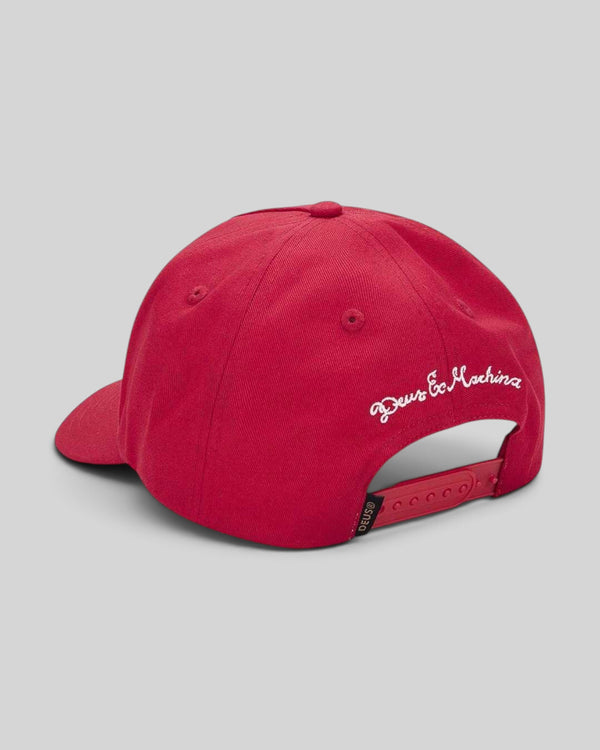 Baffle Haus Knucklebones cap in melon red cotton twill with white rear embroidery and plastic snap closure