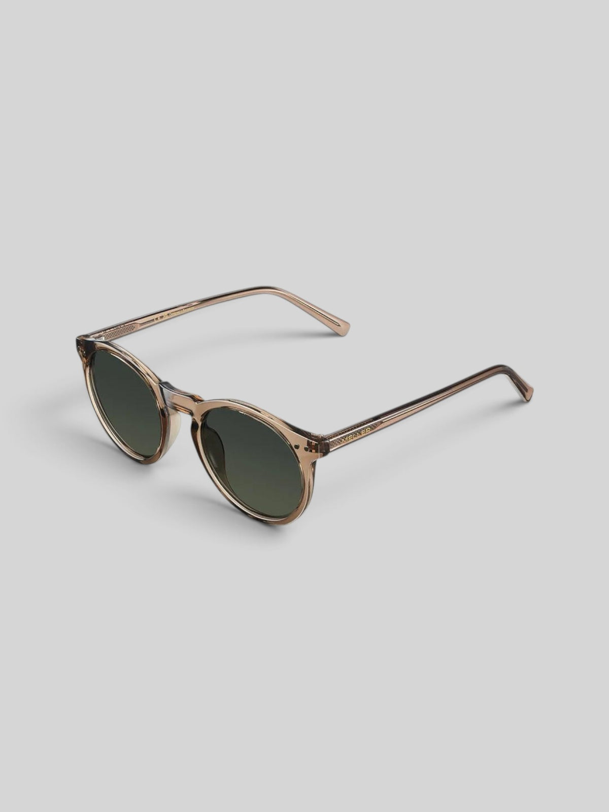 Baffle Haus KUBU sunglasses featuring a vintage rounded camel frame and olive polarized lenses.
