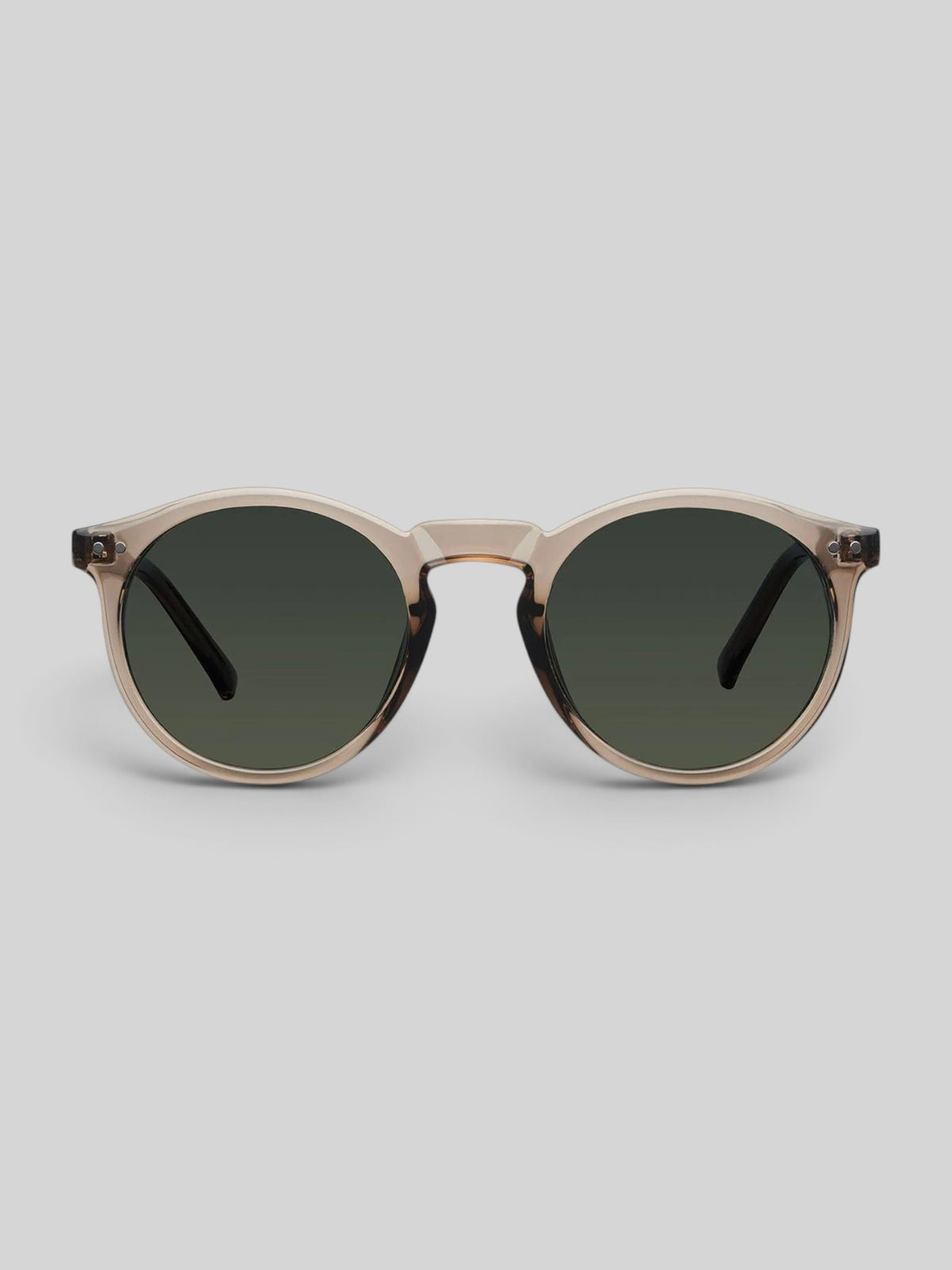 Baffle Haus KUBU sunglasses featuring a vintage rounded camel frame and olive polarized lenses.