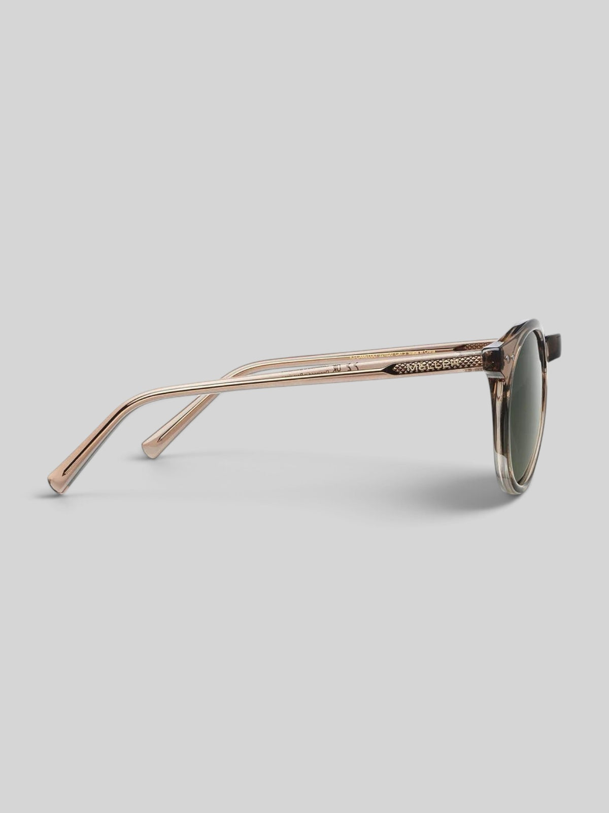 Baffle Haus KUBU sunglasses in camel and olive with a vintage rounded frame and polarized lenses, side view.