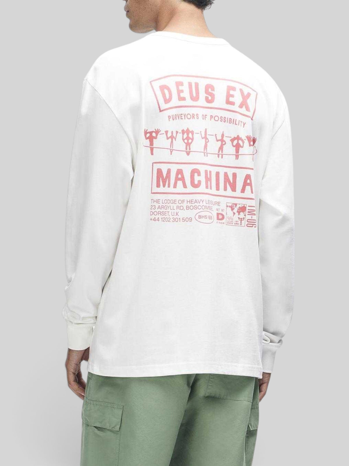 Baffle Haus Kumbaya long sleeve tee in vintage white with graphic print on the back, worn by a model.