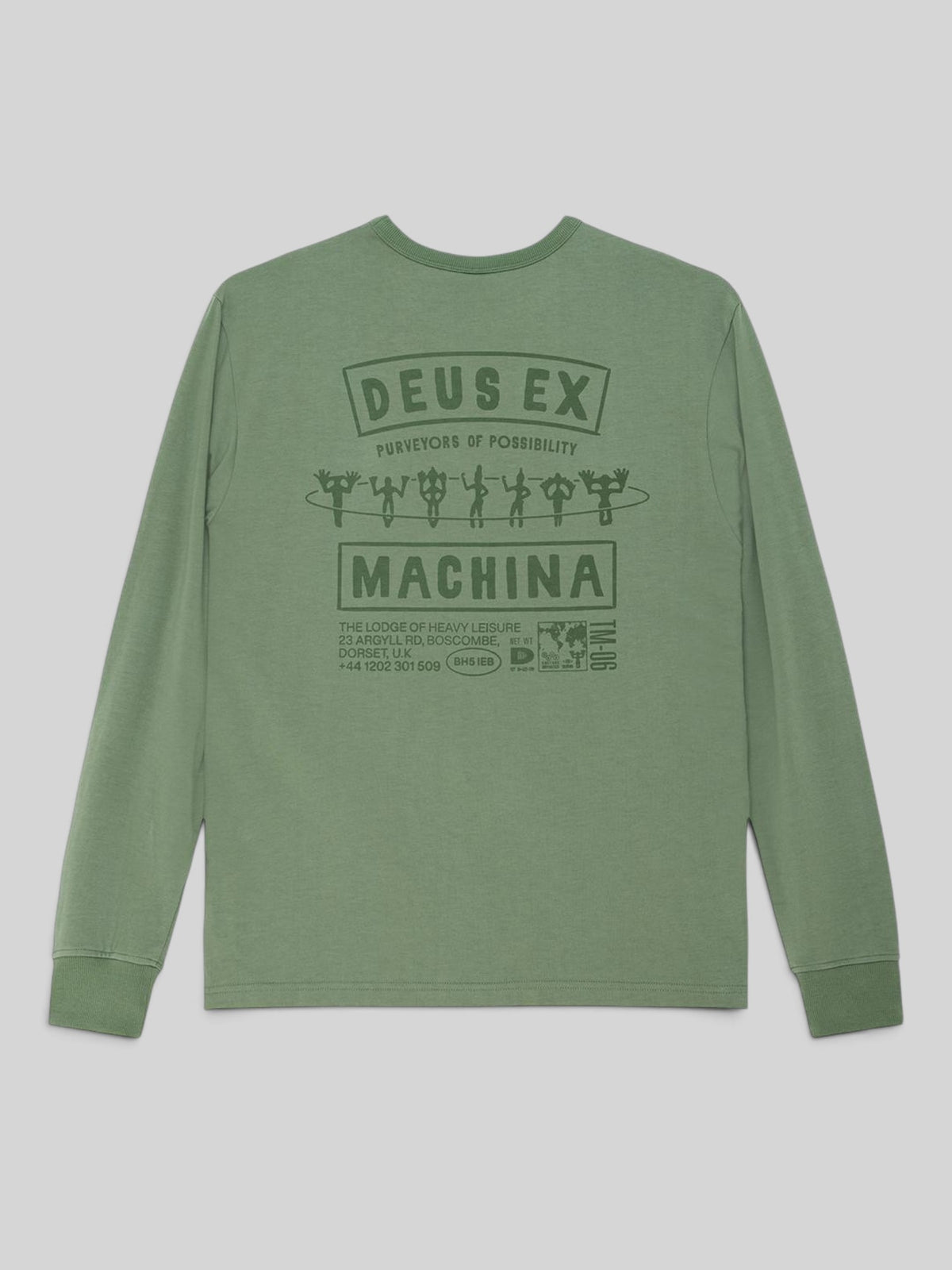 Baffle Haus Kumbaya long sleeve tee in loden frost green with dark green graphic print on the back