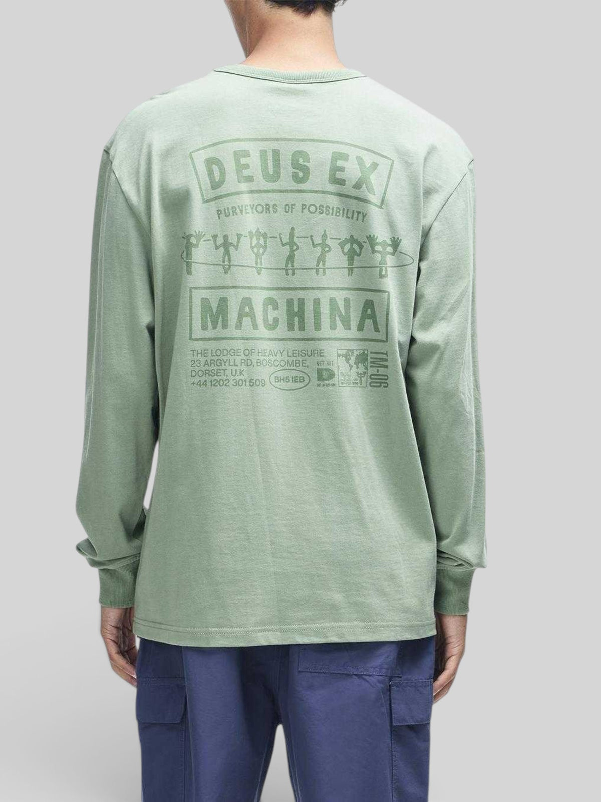 Baffle Haus Kumbaya long sleeve tee in loden frost green with graphic print on the back, loose fit cotton blend.
