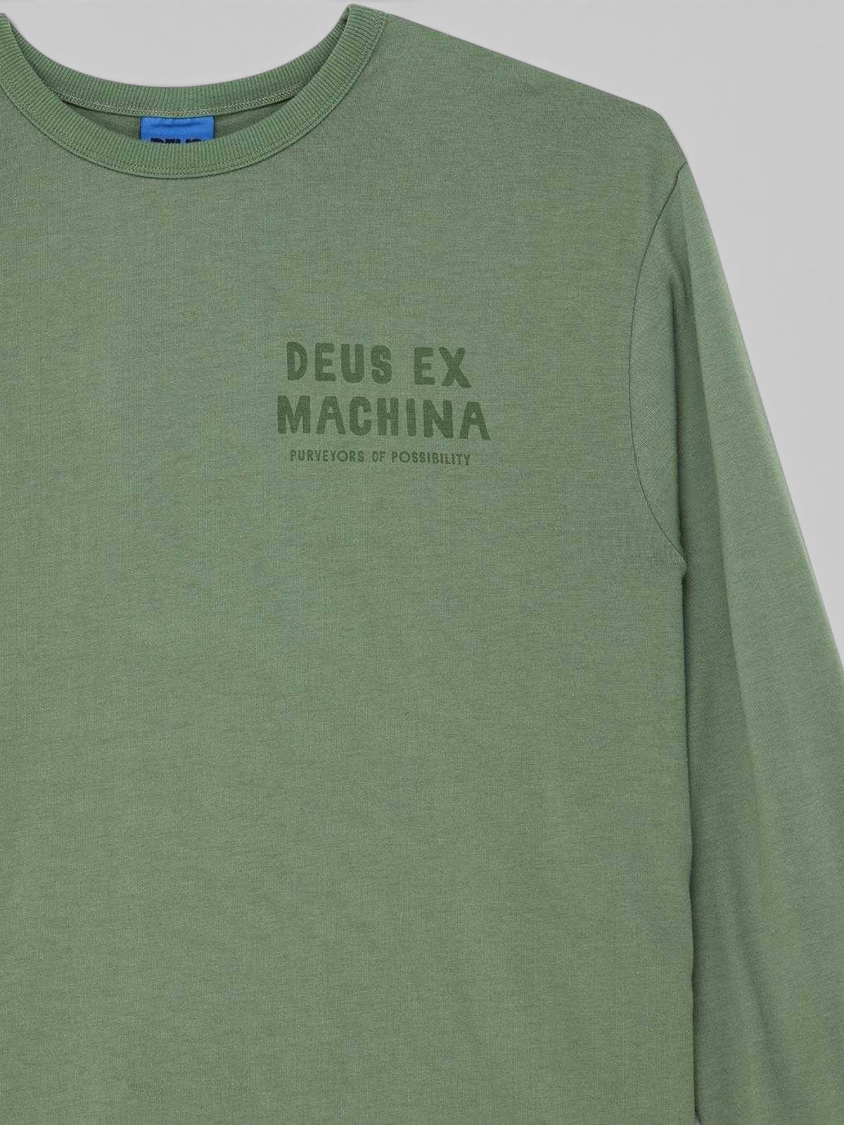 Baffle Haus Kumbaya long sleeve tee in loden frost green cotton blend with chest graphic print