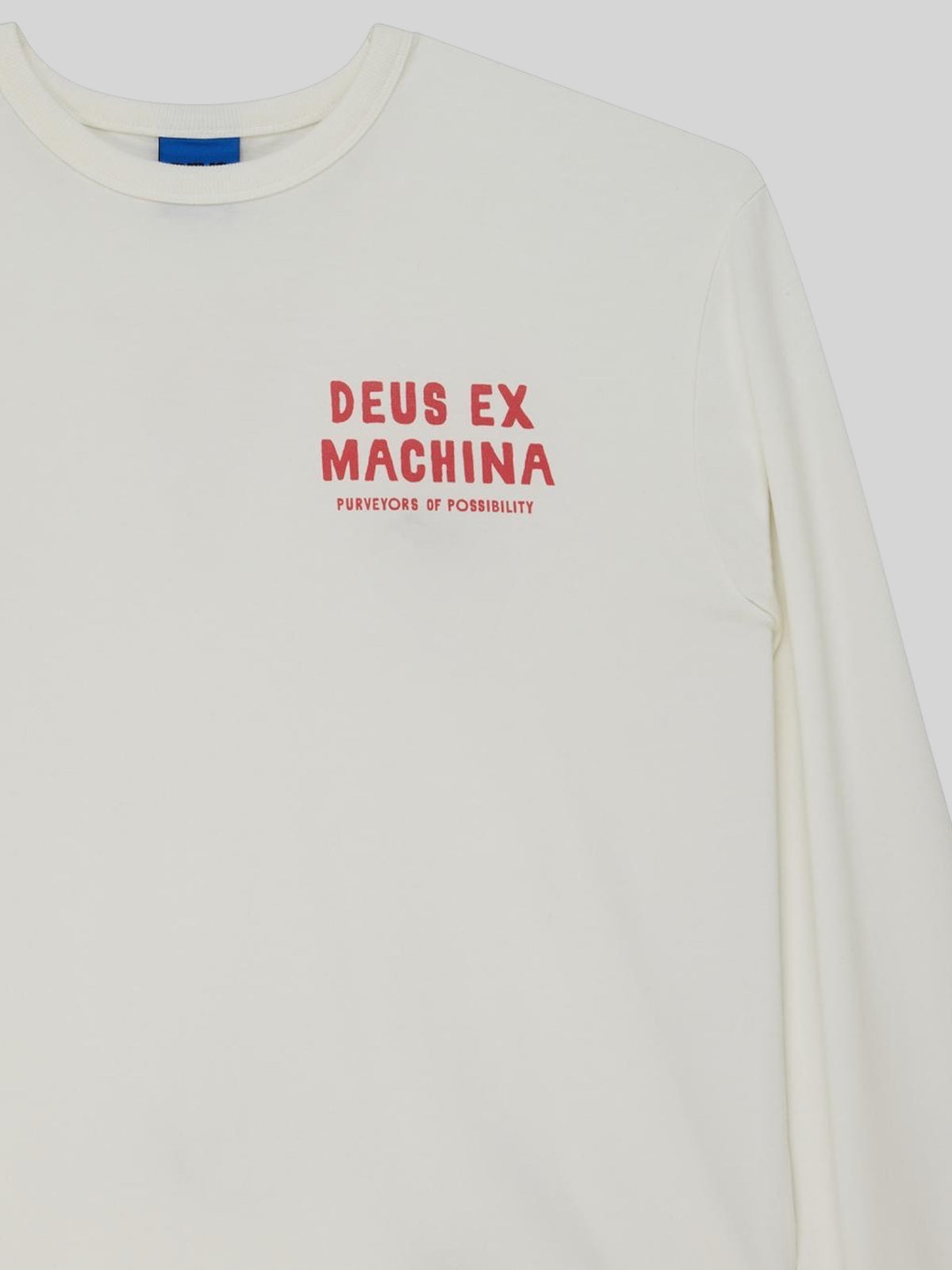 Baffle Haus Kumbaya long sleeve tee in vintage white with red chest graphic print on cotton nylon jersey fabric