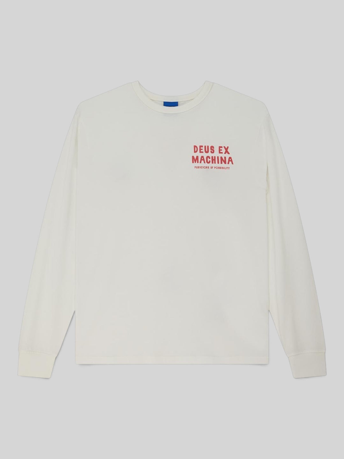Baffle Haus Kumbaya long sleeve tee in vintage white with red chest graphic print on cotton nylon jersey fabric