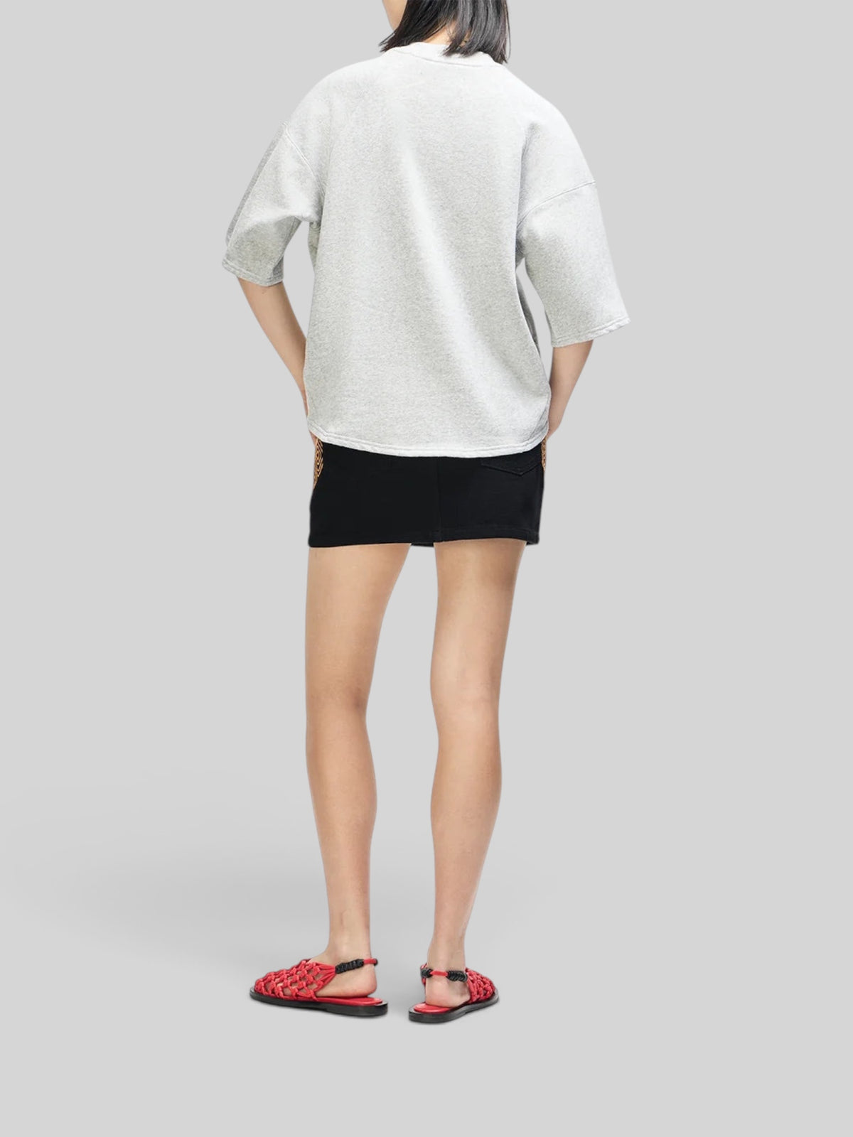 Baffle Haus La Eight Crew grey marle organic cotton fleece sweatshirt with relaxed fit and three-quarter sleeves