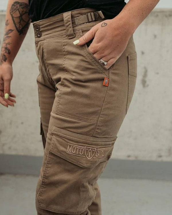 Baffle Haus Lara beige cargo motorcycle trousers with side pockets and adjustable waist buckles