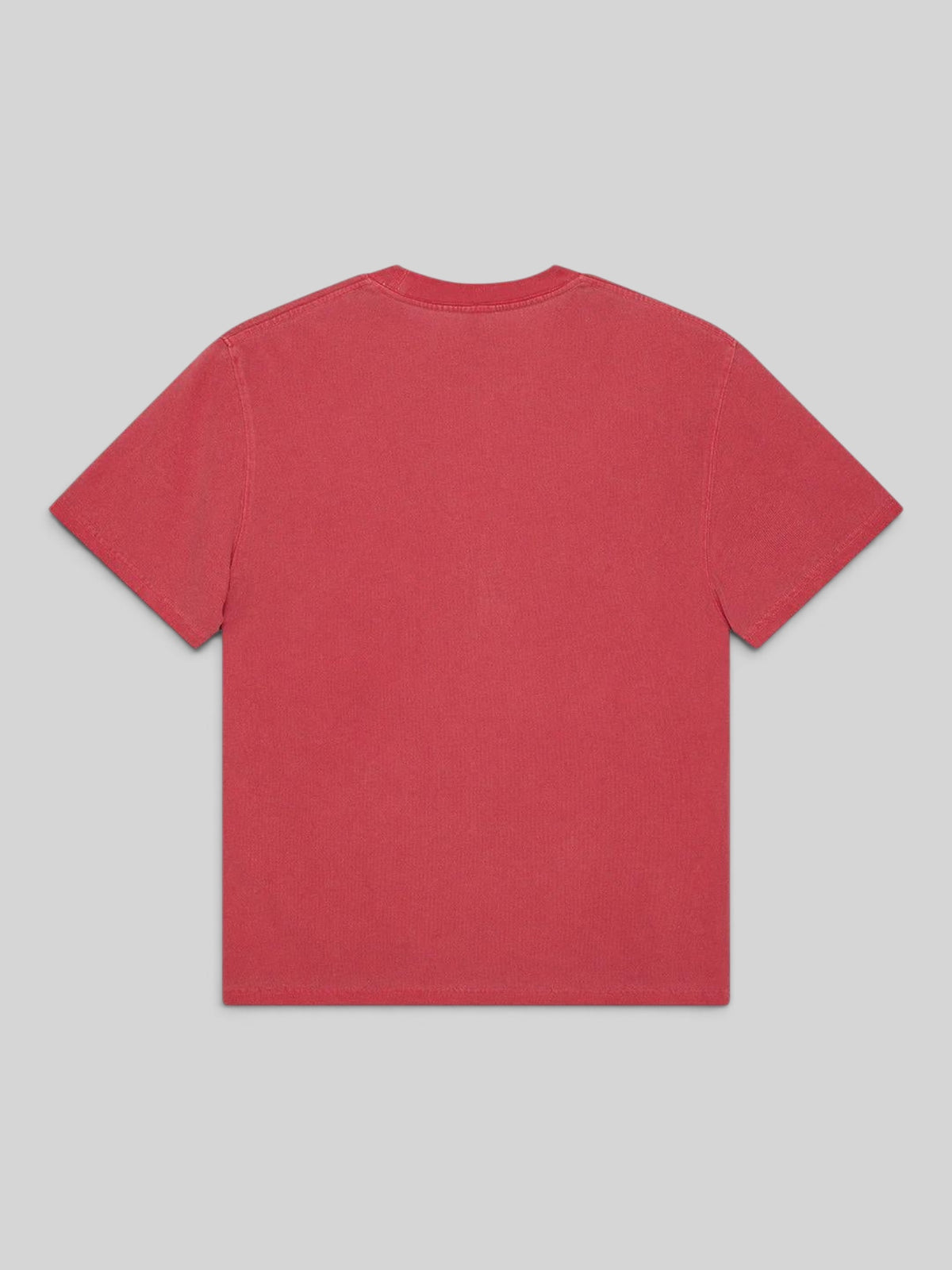 Baffle Haus Deus Shield garment dyed heavyweight recycled cotton t-shirt in lava falls red, back view.