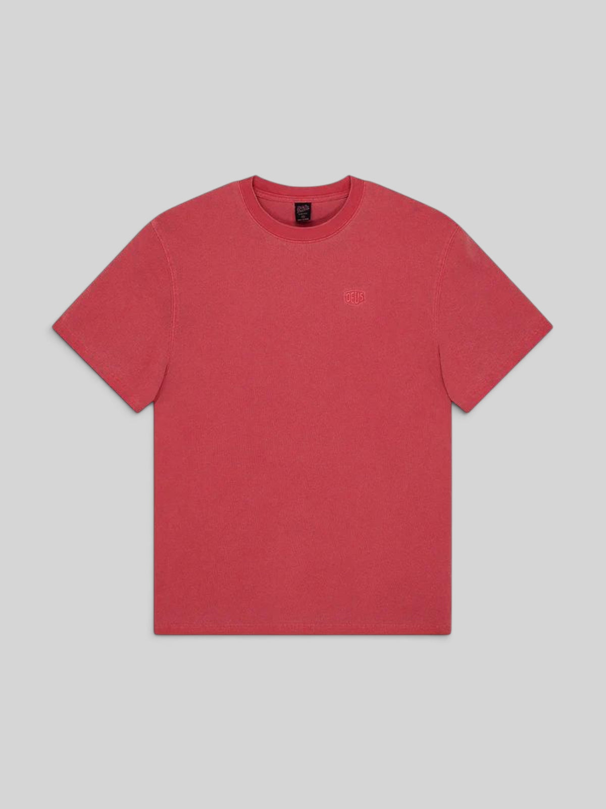Baffle Haus Deus Shield garment dyed heavyweight cotton t-shirt in lava falls red with a boxy fit