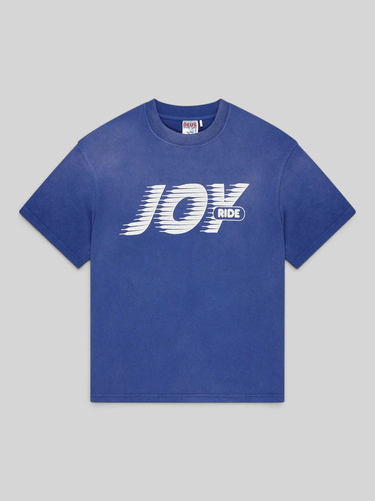Baffle Haus vintage fit Limoges blue recycled cotton t-shirt with white Joy Ride graphic print on chest