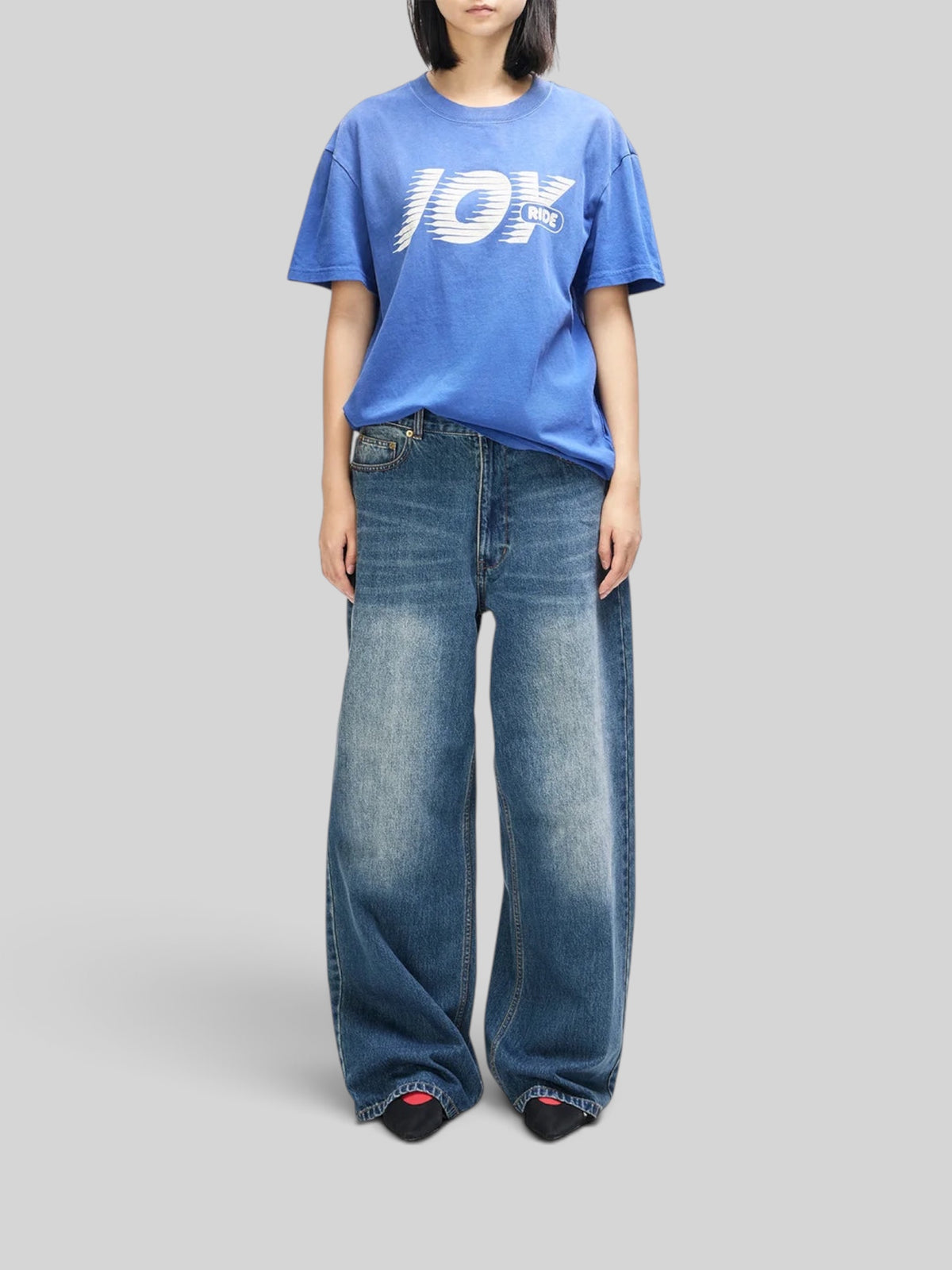 Baffle Haus vintage fit Limoges blue t-shirt in recycled cotton with white graphic print on chest