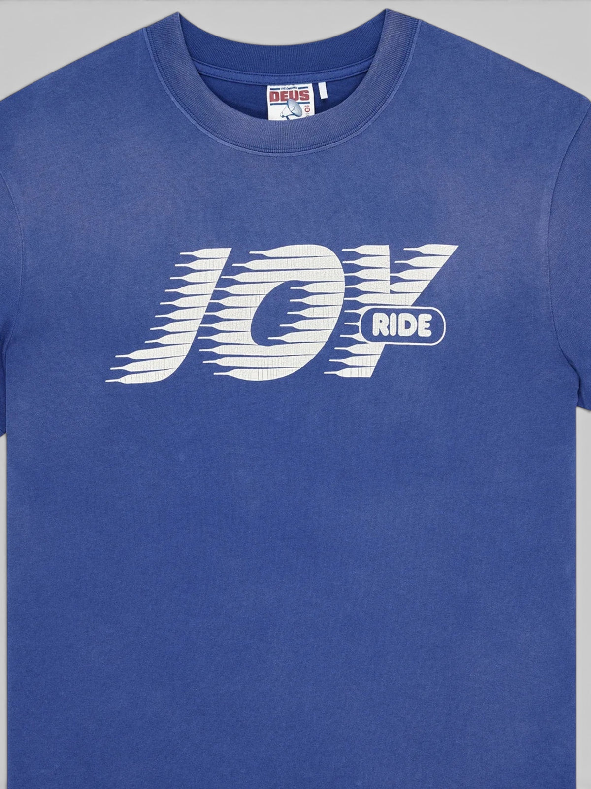 Baffle Haus vintage fit Limoges blue recycled cotton t-shirt with white Joy Ride graphic print on the chest