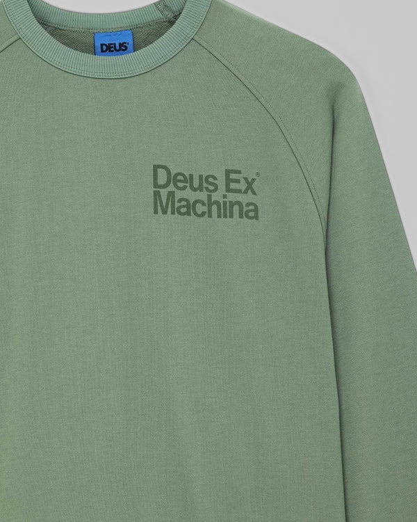 Baffle Haus Plenty Good crew neck fleece in loden frost green with chest logo print and raglan sleeves