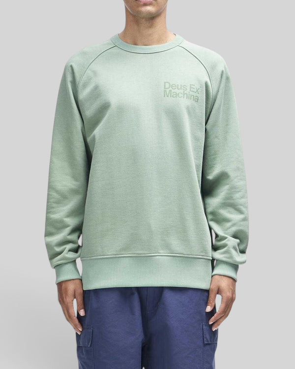 Baffle Haus Plenty Good crew neck fleece in loden frost green with chest logo and nylon sleeve panels