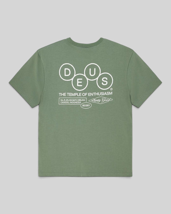 Baffle Haus Mechanism Tee in loden frost green organic cotton with white graphic print on the back