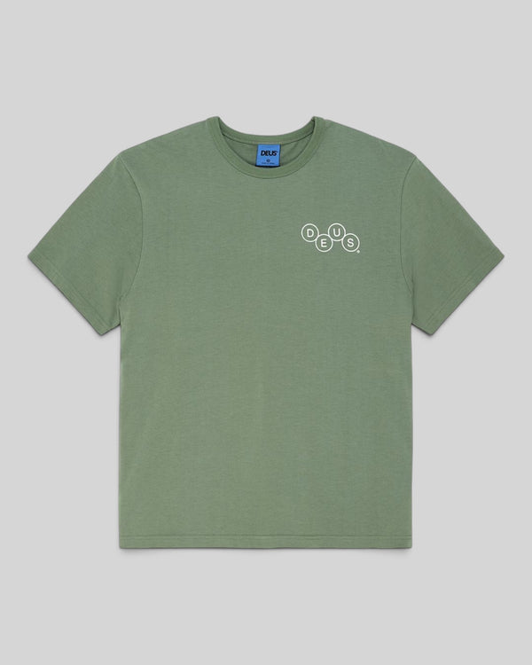 Baffle Haus Mechanism Tee in loden frost green organic cotton jersey with white chest graphic