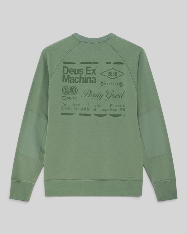 Baffle Haus Plenty Good crew neck fleece in loden frost green with back graphic print and nylon sleeve panels