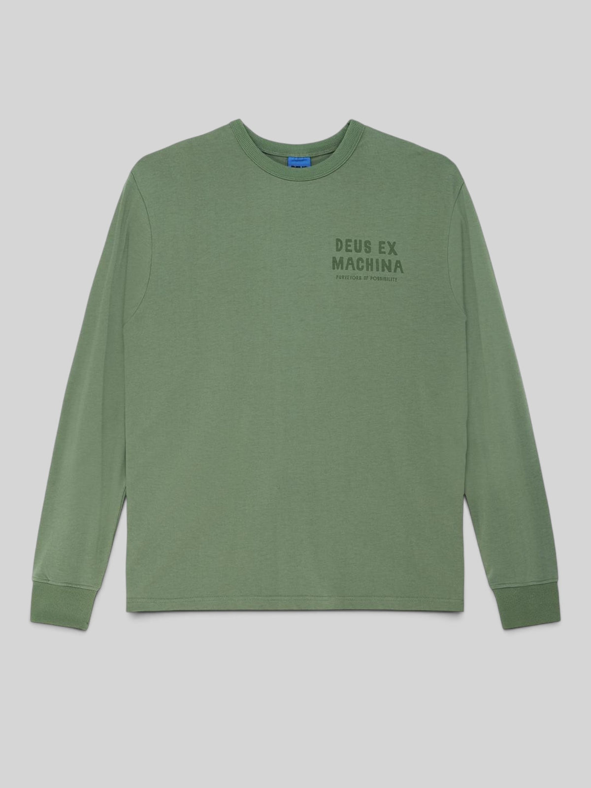 Baffle Haus Kumbaya long sleeve tee in loden frost green with chest graphic print in a loose fit cotton blend