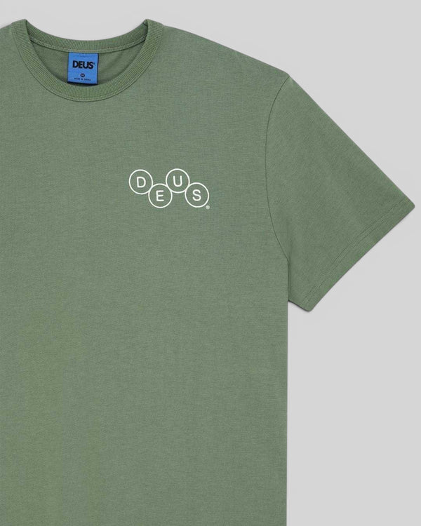 Baffle Haus Mechanism Tee in loden frost green organic cotton jersey with white circular chest logo print