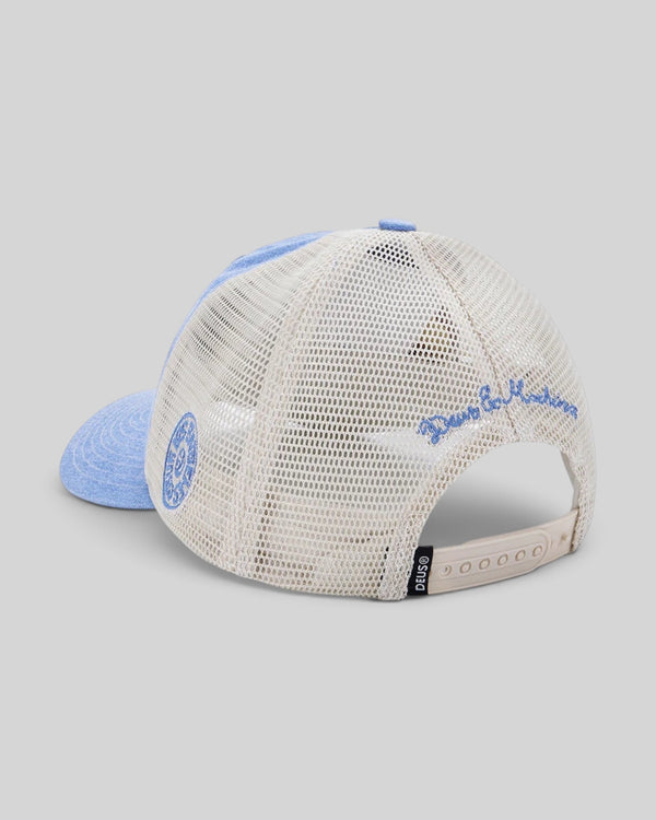 Baffle Haus Los Angeles Address trucker hat in Bonnie Blue with white mesh back, snap closure, and embroidery.